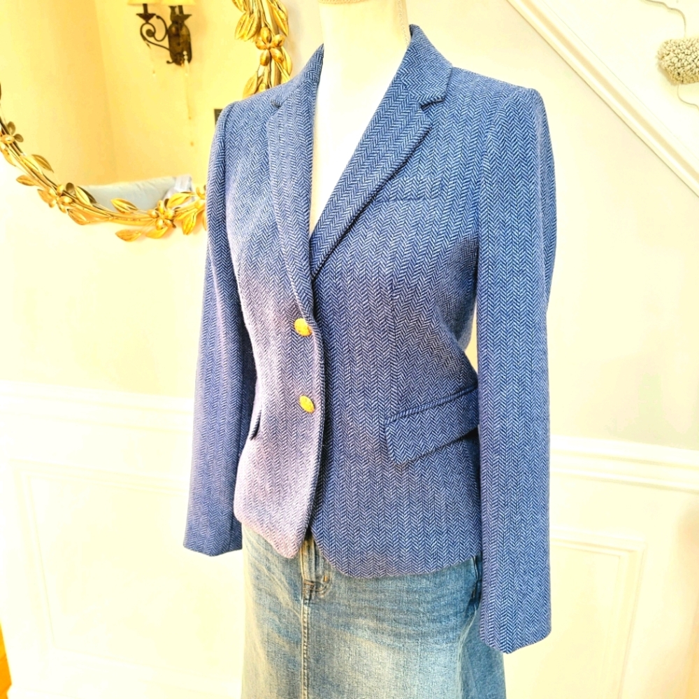 🆕️ J Crew Blue Herringbone Blazer Gold Buttons - Picture 2 of 4